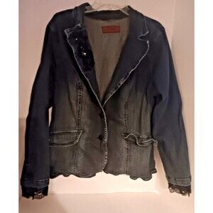 Denim Blazer Jean Jacket Medium Embellished Beaded Y2K Festival Dark Wash Lace